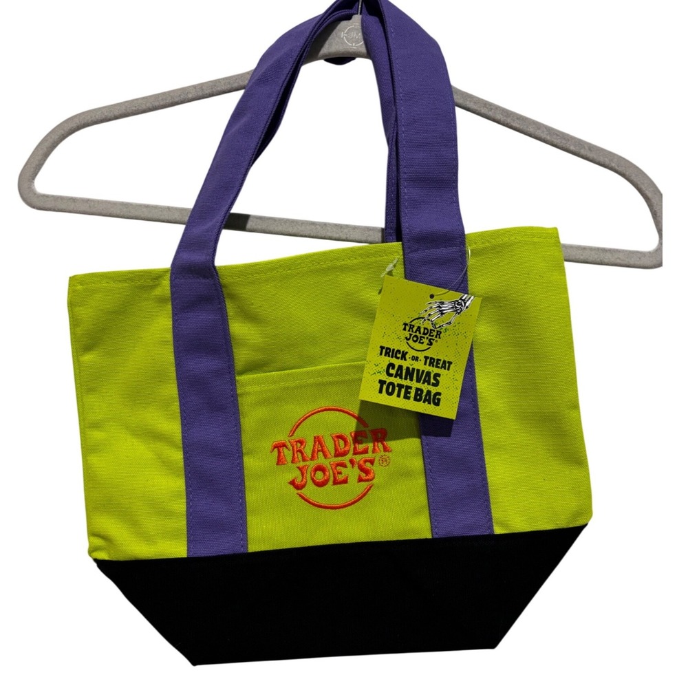 Trader Joes Halloween Trick or Treat Mini Canvas Tote Bag Green Purple Black NEW